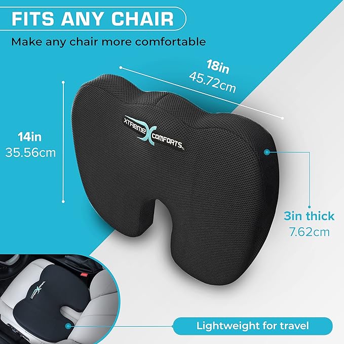 Xtreme Comforts Seat Cushion, Tailbone Relaxer - Coccyx Cushion for Tailbone Pain Desk, Wheelchair & Car Use - Back Support Pillow for Chair