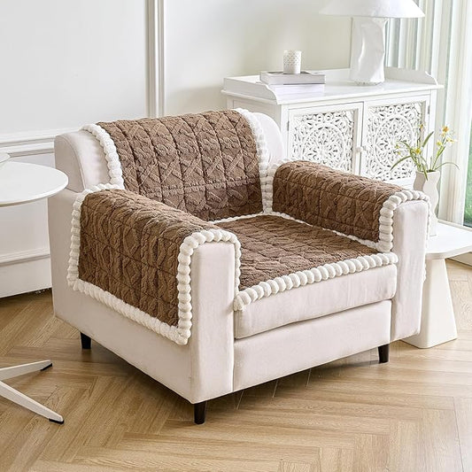 Non Slip Couch Arm Covers, Soft Recliner Backrest Cover Washable, Thick Fuzzy Armrest Covers for Sofa, Plush Armchair Arm Rest Slipcovers Couch Protector(1,Brown,27.6"x27.6")