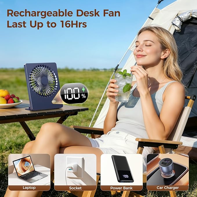 Zuvas Desk Fan Battery Operated Fan Rechargeable 180°Tilt Folding Personal Fan Ultra Quiet Small Portable 3 Speed Adjustable Strong Wind Fan For Office Bedroom Home Desktop Camping (Navy Blue)