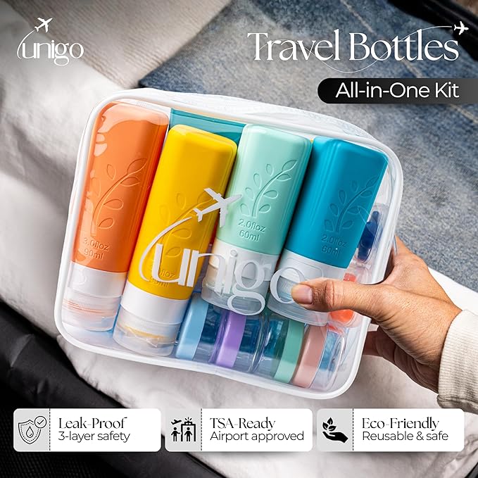 unigo Silicone Travel Bottles Set for Toiletries, Airplane Approved TSA Carry On Size, BPA Free Leakproof Refillable Squeeze Containers with Labels, Cleaning Brush and Covers (Multicolor B)