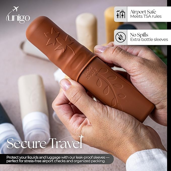 unigo Silicone Travel Bottles Set for Toiletries, Airplane Approved TSA Carry On Size, BPA Free Leakproof Refillable Squeeze Containers with Labels, Cleaning Brush and Covers (Apricot)