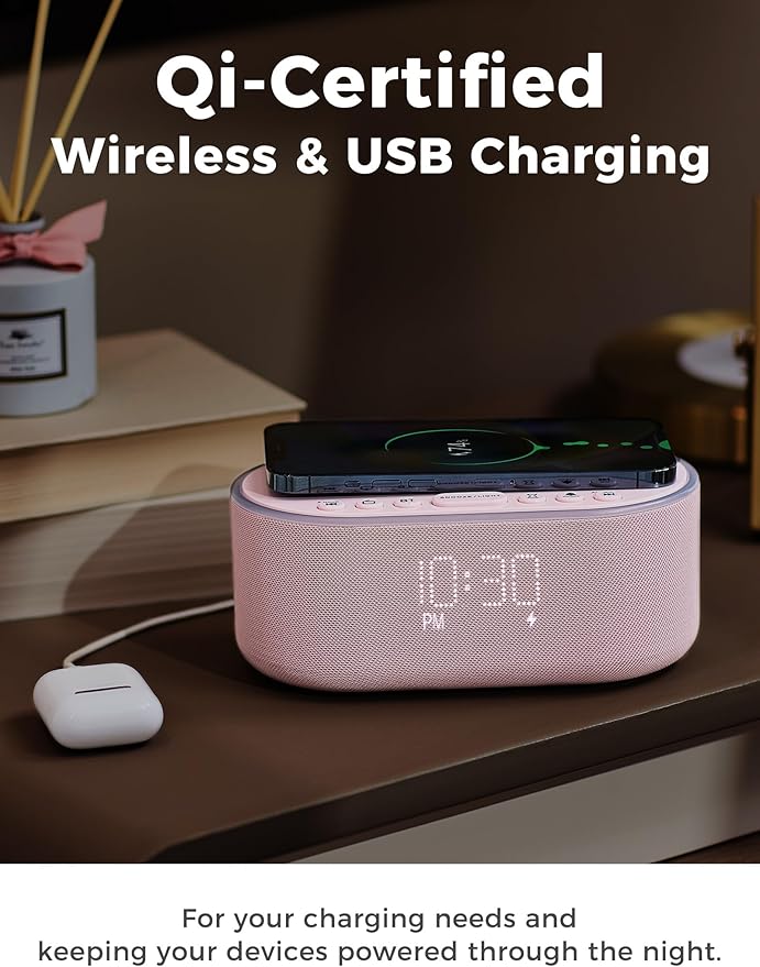 Wireless Charging Alarm Clock Radio: Qi Certified Fast Wireless Charger for iPhone Samsung - 10W Stereo Bluetooth Speaker - Dimmable Digital Clock with FM Radio for Bedroom Pink