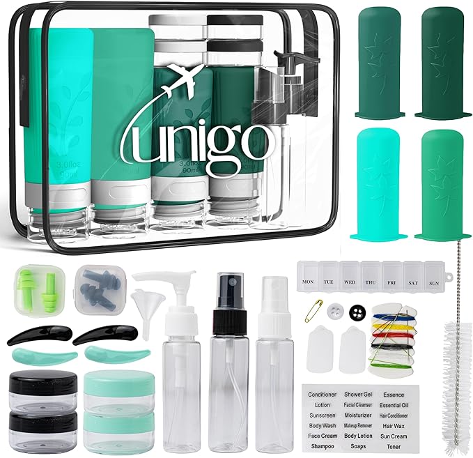 unigo Silicone Travel Bottles Set for Toiletries, Airplane Approved TSA Carry On Size, BPA Free Leakproof Refillable Squeeze Containers with Labels, Cleaning Brush and Covers (Green)
