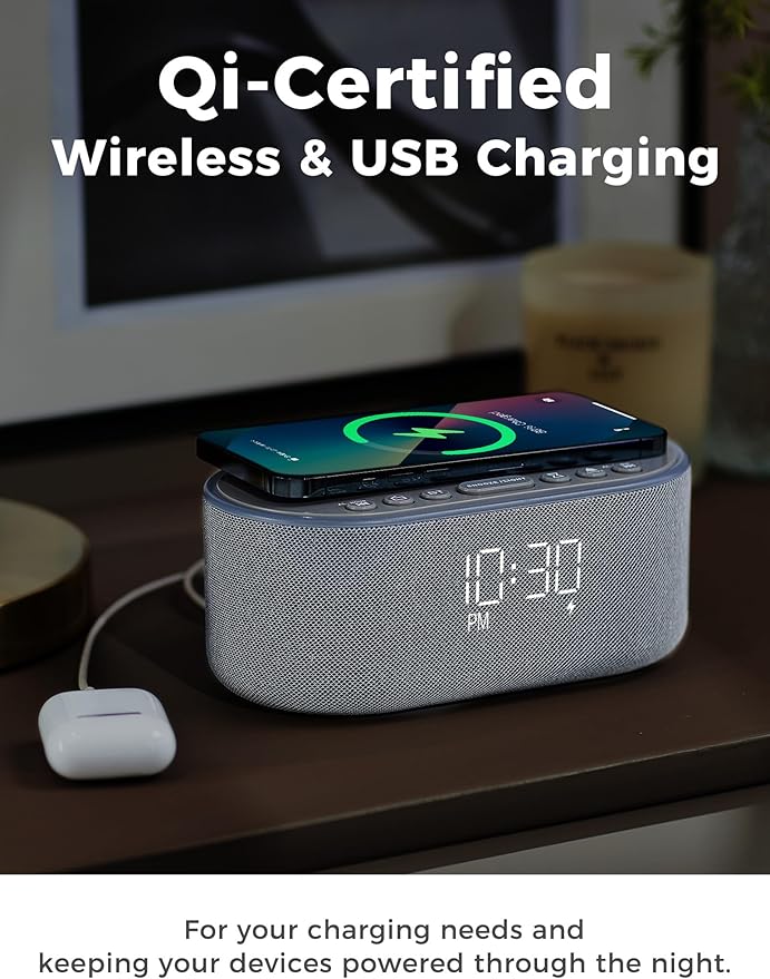 Wireless Charging Alarm Clock Radio: Qi Certified Fast Wireless Charger for iPhone Samsung - 10W Stereo Bluetooth Speaker - Dimmable Digital Clock with FM Radio for Bedroom Gray