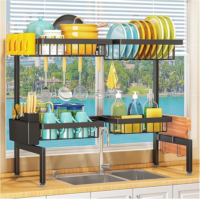 2 Tiers 4 Baskets (one More Than Others) Over The Sink Dish Drying Rack,fits All Sinks (from 24.8" to 35.4"),2-Tier Adjustable Sink Rack,Dishes Rack Kitchen Storage Organizer Space Saving