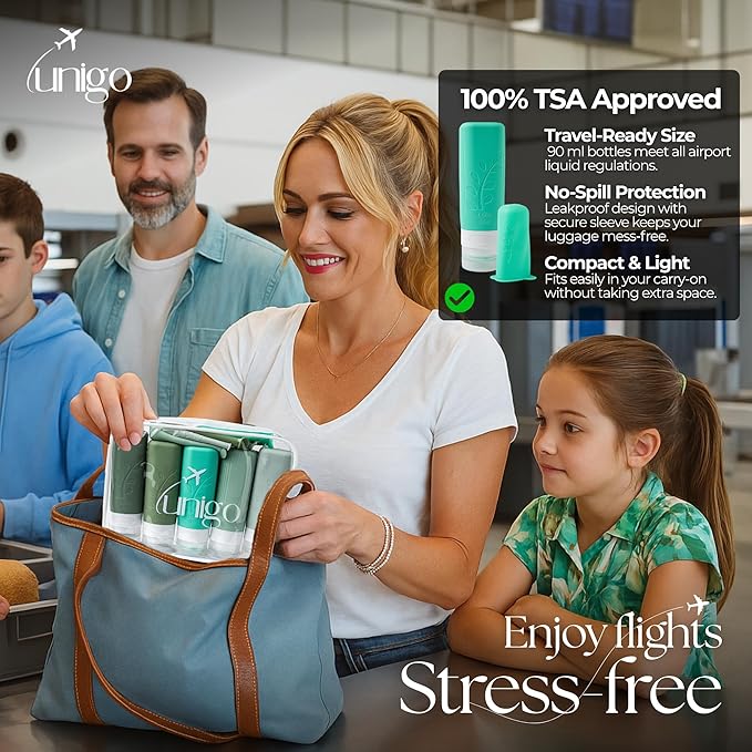 unigo Silicone Travel Bottles Set for Toiletries, Airplane Approved TSA Carry On Size, BPA Free Leakproof Refillable Squeeze Containers with Labels, Cleaning Brush and Covers (Green)