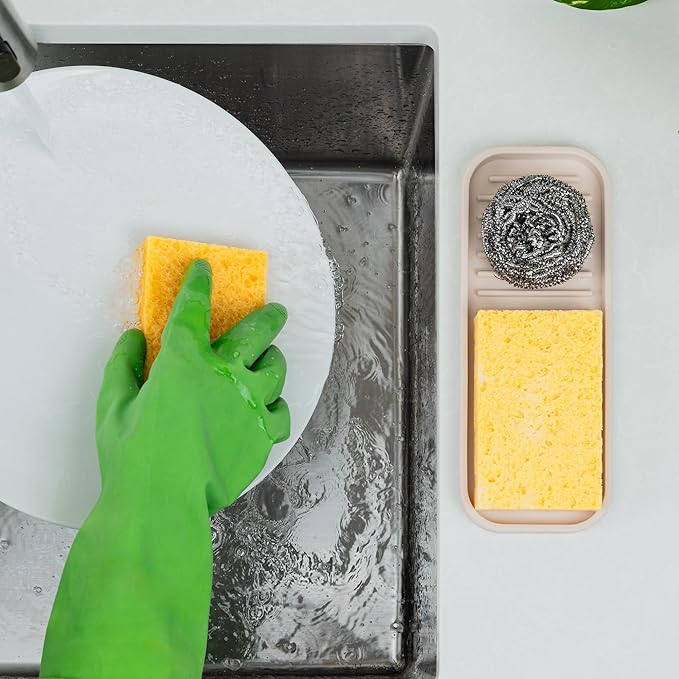 Zulay Kitchen (9x3.5) Silicone Sponge Holder for Kitchen Sink - Flexible Multipurpose Soap Tray - Sink Organizer for Kitchen, Bathroom, Makeup, Trinkets & More (Ivory)