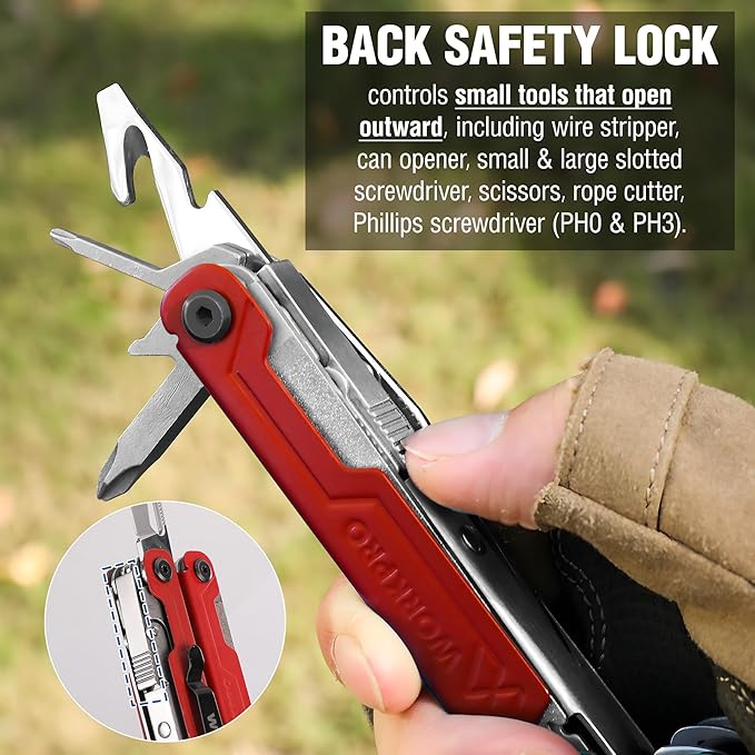 WORKPRO 18-in-1 Multi Tool Pliers, Gifts for Dad, Stainless Steel EDC Multitool with Pocket Knife, 2 Safety Locks, Belt Clip and Oxford Pouch, Multipurpose Utility Multiuse Tool for Outdoor Activities