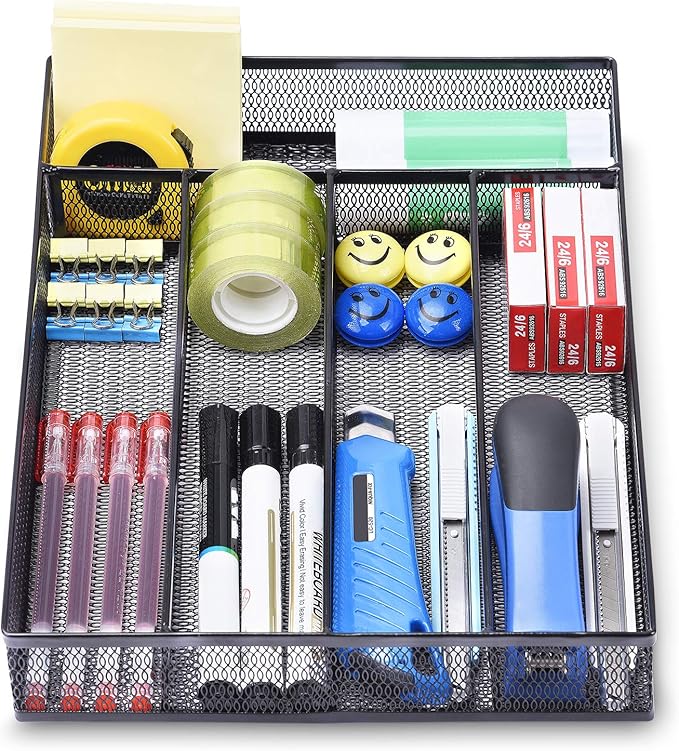 WuGeShop Office Desk Drawer Organizer, 5 Compartments Mesh Drawer Organizer Tray for Storage Art Supplies, Stationery, Black