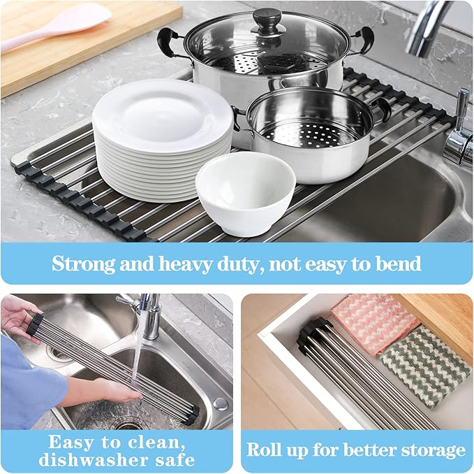 Seropy Roll Up Dish Drying Rack Over The Sink for Kitchen Sink Drying Rack Folding Dish Drainer Mat Rolling Dish Rack Sink Rack Stainless Steel Kitchen Dry Rack Black 17.5x15.7 Inch