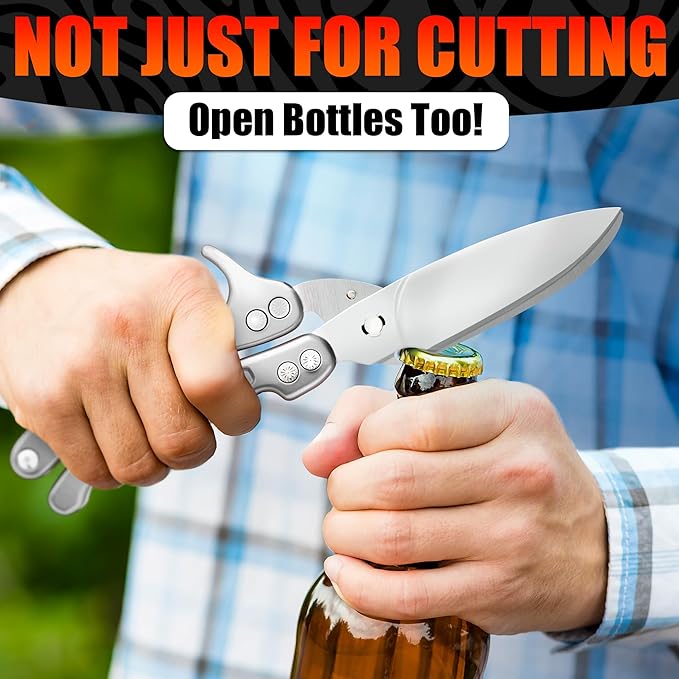 4-in-1 Multifunctional Heavy Duty Kitchen Shears – Spring-Loaded Sharp Seafood, Fish, Turkey & Chicken Kitchen Utility Scissors | Non-Slip Handle, Safety Lock & Micro-Serrated Blades for Bones(Silver)