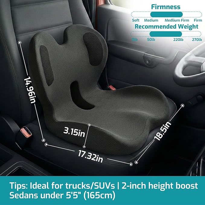 Trucker Seat Cushion, Car Seat Cushions with Lumbar Support Pillow, Ergonomic L-Shaped Orthopedic Memory Foam Pad for Long Driving Back Pain Sciatica Relief, Drivers Office Workers (Black+ Gray)