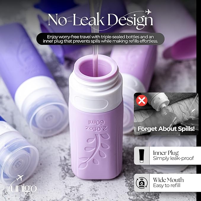 unigo Silicone Travel Bottles Set for Toiletries, Airplane Approved TSA Carry On Size, BPA Free Leakproof Refillable Squeeze Containers with Labels, Cleaning Brush and Covers (Purple)