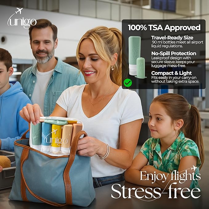 unigo Silicone Travel Bottles Set for Toiletries, Airplane Approved TSA Carry On Size, BPA Free Leakproof Refillable Squeeze Containers with Labels, Cleaning Brush and Covers (Multicolor A)