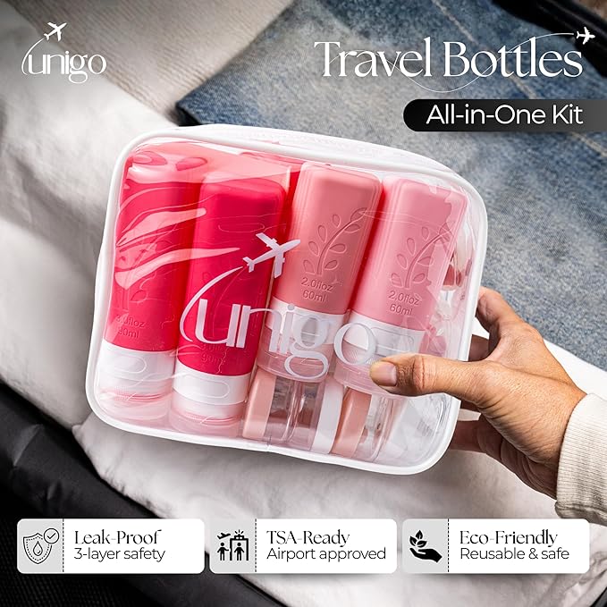 unigo Silicone Travel Bottles Set for Toiletries, Airplane Approved TSA Carry On Size, BPA Free Leakproof Refillable Squeeze Containers with Labels, Cleaning Brush and Covers (Pink)