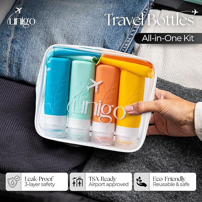unigo Silicone Travel Bottles Set for Toiletries, Airplane Approved TSA Carry On Size, BPA Free Leakproof Refillable Squeeze Containers with Labels, Cleaning Brush and Covers (Multicolor B)