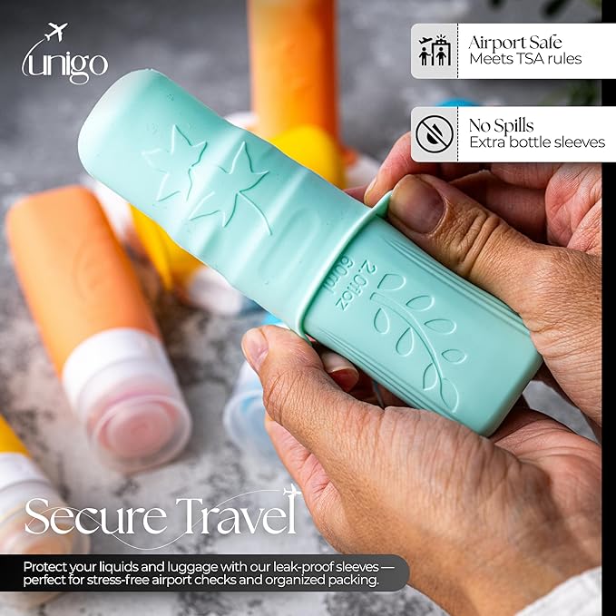 unigo Silicone Travel Bottles Set for Toiletries, Airplane Approved TSA Carry On Size, BPA Free Leakproof Refillable Squeeze Containers with Labels, Cleaning Brush and Covers (Multicolor A)