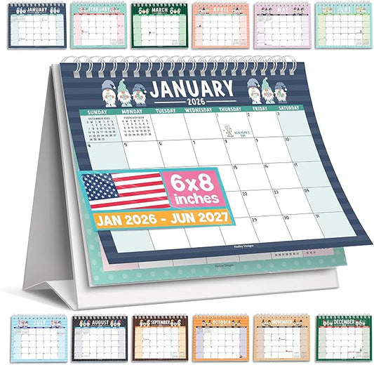 Small Desk Calendar 2026-2027 - Standing Flip Desk Calendars 2026, 18 Months Stand Up Calendars from Jan 2026 to June 2027, Gnome Desktop Calendar Planner for Home, School, Office