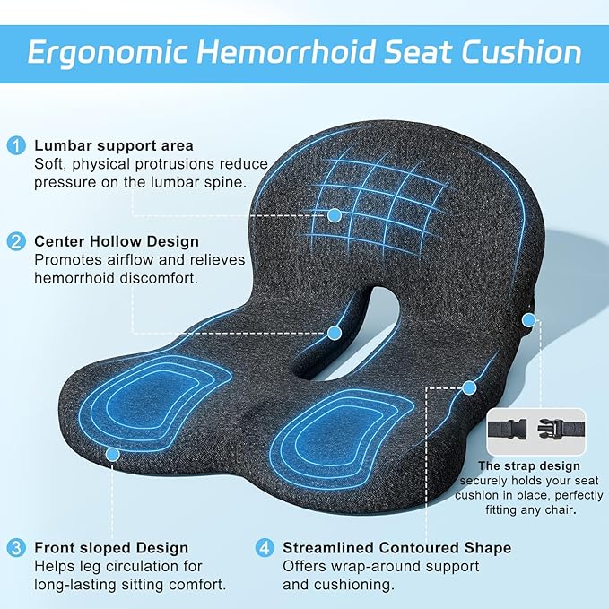 Truck Driver Seat Cushion, Memory Foam L-Shaped Ergonomic Cushion for Office Chairs, Comfort & Support for Long Sitting