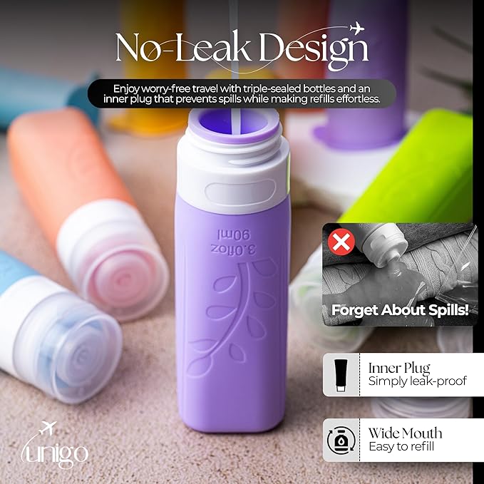 unigo Silicone Travel Bottles Set for Toiletries, Airplane Approved TSA Carry On Size, BPA Free Leakproof Refillable Squeeze Containers with Labels, Cleaning Brush and Covers (Multicolor A)
