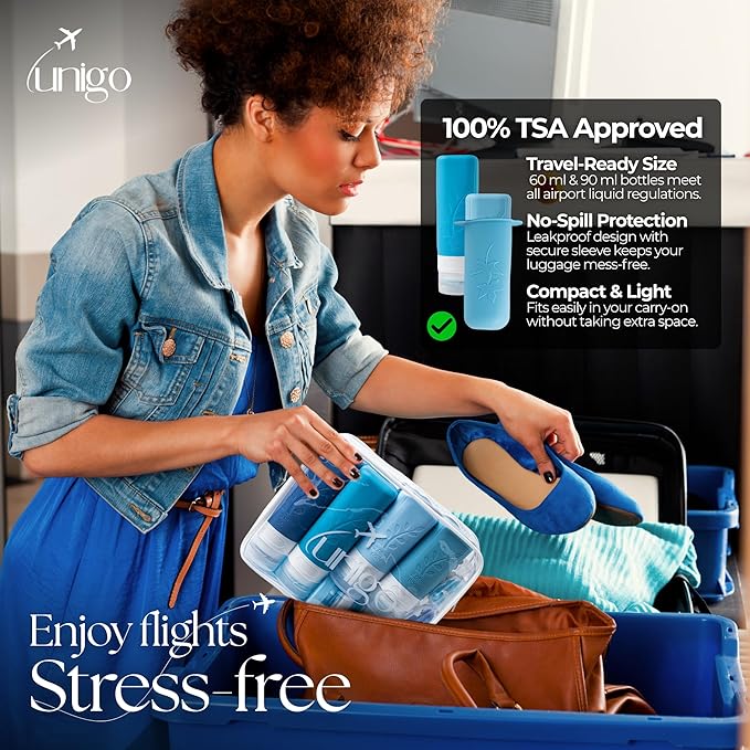 unigo Silicone Travel Bottles Set for Toiletries, Airplane Approved TSA Carry On Size, BPA Free Leakproof Refillable Squeeze Containers with Labels, Cleaning Brush and Covers (Blue)