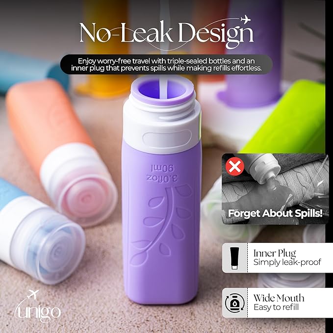 unigo Silicone Travel Bottles Set for Toiletries, Airplane Approved TSA Carry On Size, BPA Free Leakproof Refillable Squeeze Containers with Labels, Cleaning Brush and Covers (Multicolor B)