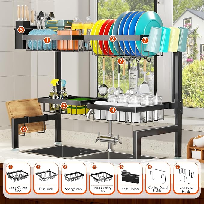 YKLSLH 4 Baskets Over The Sink Dish Drying Rack, Extendable Large Capacity Sink Rack, Metal Drying Rack Saving Space,for Most Sinks (26.57"-35")