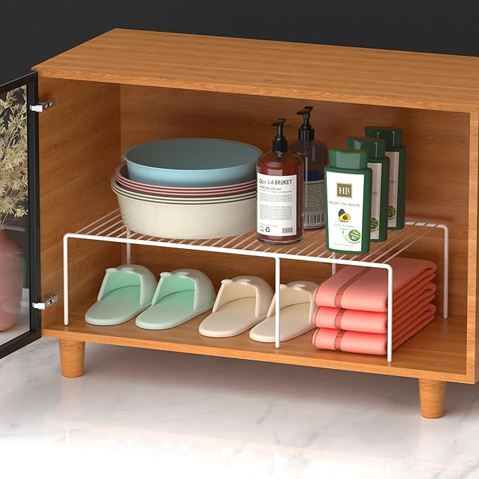 Redrubbit Cabinet Storage Shelf Rack, Expandable Metal Rustproof Kitchen Counter and Cabinet Shelf, Storage Rack Organizer Space Saver for Kitchen, Fridge, Cabinet, Bathroom, White