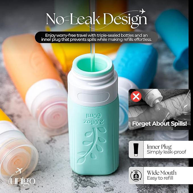 unigo Silicone Travel Bottles Set for Toiletries, Airplane Approved TSA Carry On Size, BPA Free Leakproof Refillable Squeeze Containers with Labels, Cleaning Brush and Covers (Multicolor B)
