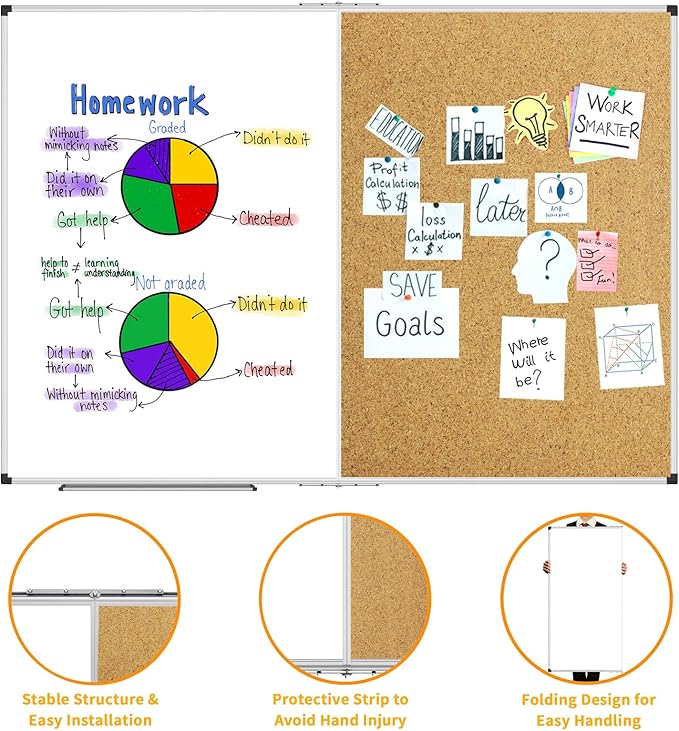 XBoard Extra Large Magnetic White Board and Bulletin Corkboard Combination, 72 x 40 Inch Foldable Dry Erase & Cork Combo Board for Wall with Aluminum Frame, 6' x 3' Notice Memo Board Pin Vision Board