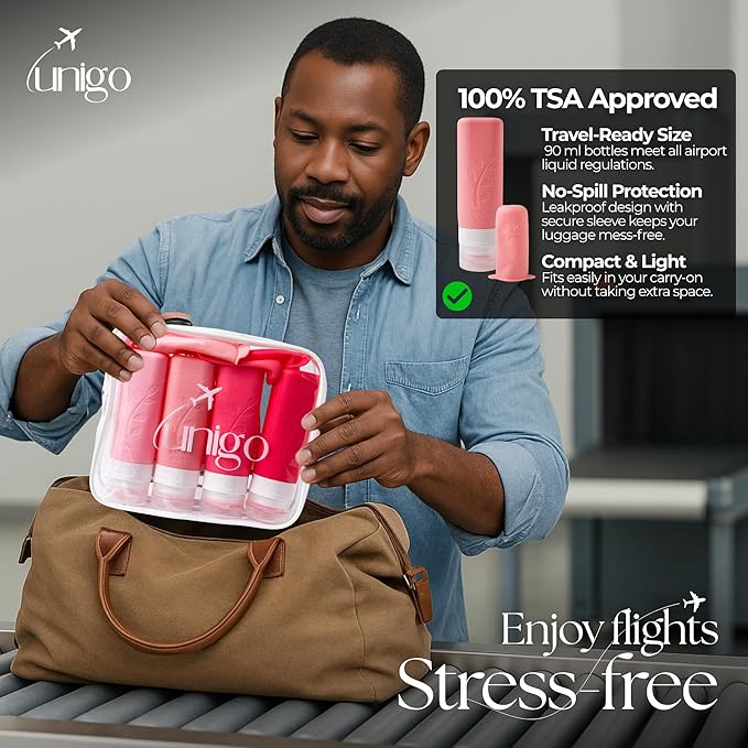 unigo Silicone Travel Bottles Set for Toiletries, Airplane Approved TSA Carry On Size, BPA Free Leakproof Refillable Squeeze Containers with Labels, Cleaning Brush and Covers (Pink)
