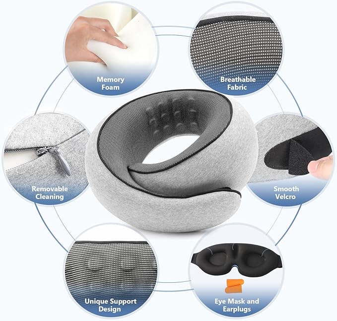 Travel Neck Pillow with 100% Pure Memory Foam, G-Shape, Includes Eye Mask & Ear Plugs, Ergonomic Design for Airplane, Car & Office, etc, Beige Gray
