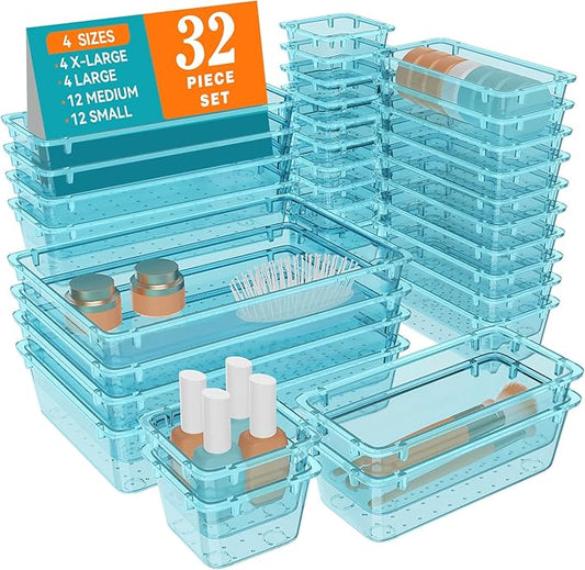 WOWBOX 32 PCS Plastic Drawer Organizer Set, 4 Sizes Desk Drawer Organization and Storage Containers for Makeup, Cosmetics, Jewelry and Gadgets in Kitchen, Bathroom, Bedroom, Office, Clear Sea Blue