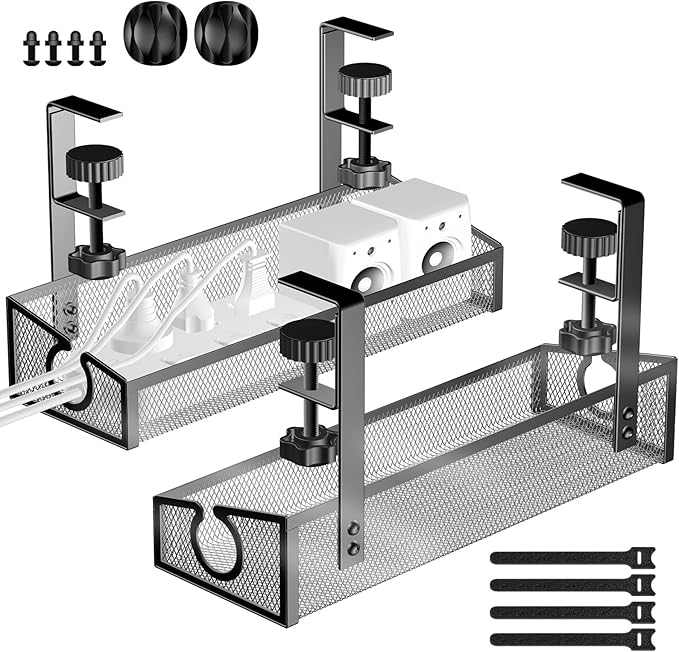 Under Desk Cable Tray - Black, No Drill Cable Organizer with Clamp for Wire Management, PC Cord Organizer & Workspace Accessories (2 Pack)