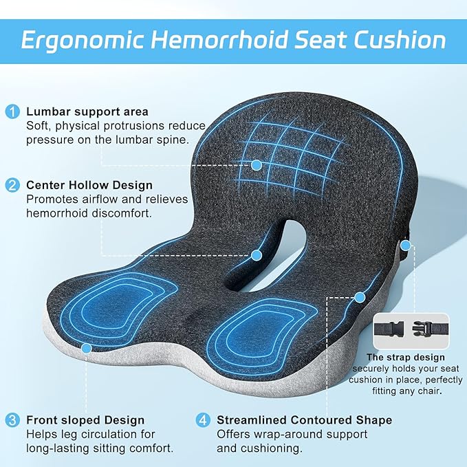 Truck Driver Seat Cushion, Memory Foam L-Shaped Ergonomic Cushion for Office Chairs, Comfort & Support for Long Sitting