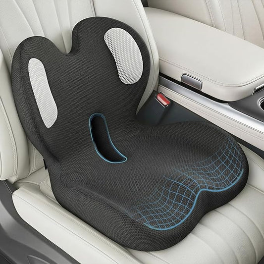 Trucker Seat Cushion, Car Seat Cushions with Lumbar Support Pillow, Ergonomic L-Shaped Orthopedic Memory Foam Pad for Long Driving Back Pain Sciatica Relief, Drivers Office Workers (Black+WE)