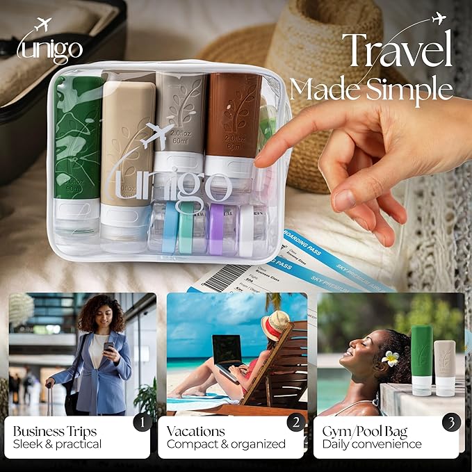 unigo Silicone Travel Bottles Set for Toiletries, Airplane Approved TSA Carry On Size, BPA Free Leakproof Refillable Squeeze Containers with Labels, Cleaning Brush and Covers (Multicolor C)