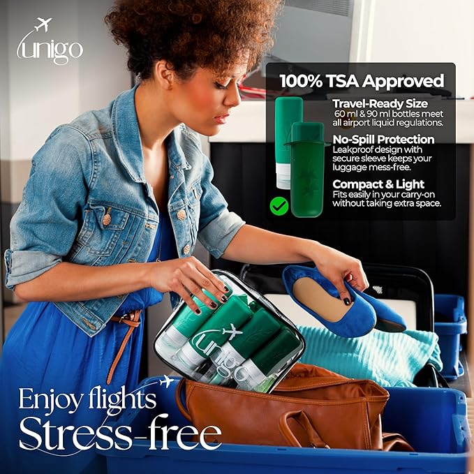 unigo Silicone Travel Bottles Set for Toiletries, Airplane Approved TSA Carry On Size, BPA Free Leakproof Refillable Squeeze Containers with Labels, Cleaning Brush and Covers (Green)