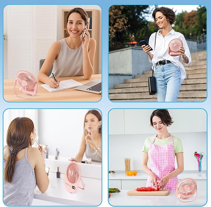 USB Desk Fan,3 IN 1 Rechargeable Portable Fan,180 Adjustable,6 Speed Strong Wind,Mini Personal Desktop Fan for Travel/Cruise/Bedroom/Office/Indoor/Outdoor,Desk Accessories for Women/Men/girls (Pink)