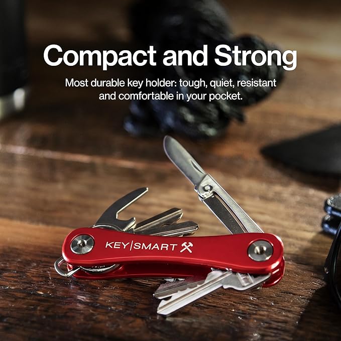 KeySmart Rugged - Multitool Key Holder for Keychain w/Bottle Opener and Pocket Clip, Key Organizer for Key Chain, EDC Keychains, Key Ring for Car Fobs Key Chains, Expandable (Up to 14 Keys, Red)