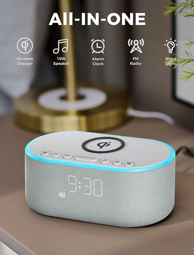 Wireless Charging Alarm Clock Radio: Qi Certified Fast Wireless Charger for iPhone Samsung - 10W Stereo Bluetooth Speaker - Dimmable Digital Clock with FM Radio for Bedroom Cloud Blue