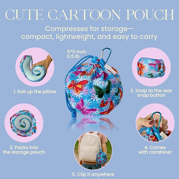 SKYTRAX® Certified Kids Safe Memory Foam Travel Neck Pillows for Kids and Toddlers Cute Cartoon Design, Car Seat & Airplane Head Neck Support, Adjustable Snap Buttons Washable Soft Cover (Butterfly)