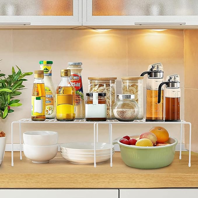 Orgneas Expandable Cabinet Shelf Organizer, Rustproof Metal Shelf Riser Kitchen Counter Storage Organizer Rack for Fridge, Cabinet, Pantry and Bathroom with Scratch Resistant Feet