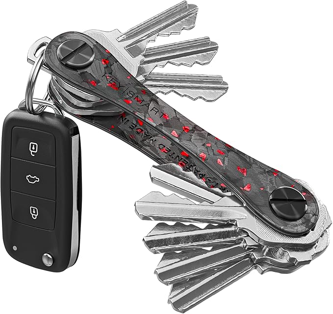KeySmart Original Key Holder - Compact Key Organizer for Key Chain, Minimalist Clutter-Free EDC Keychains Key Ring, Red Forged Carbon Fiber, 14 Keys