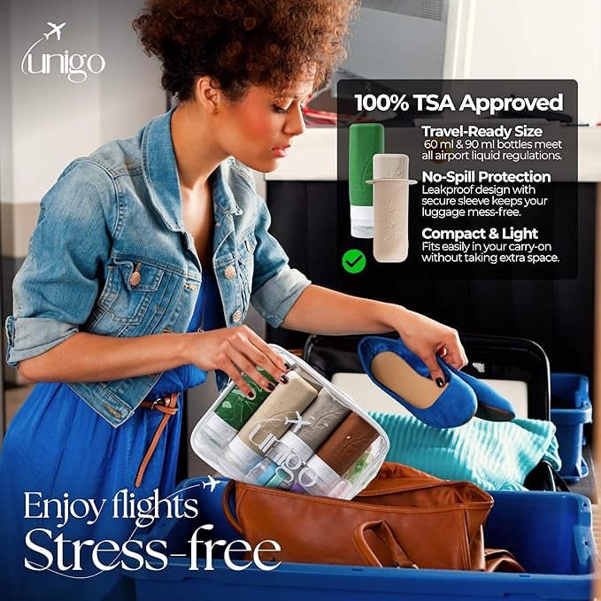 unigo Silicone Travel Bottles Set for Toiletries, Airplane Approved TSA Carry On Size, BPA Free Leakproof Refillable Squeeze Containers with Labels, Cleaning Brush and Covers (Multicolor C)