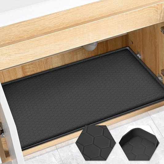 Waterproof Under Sink Mat 34" x 19", Silicone Cabinet Liner, Rubber Protector for Kitchen and Bathroom, Keeps Cabinets Clean, Dry, and Organized (Black)