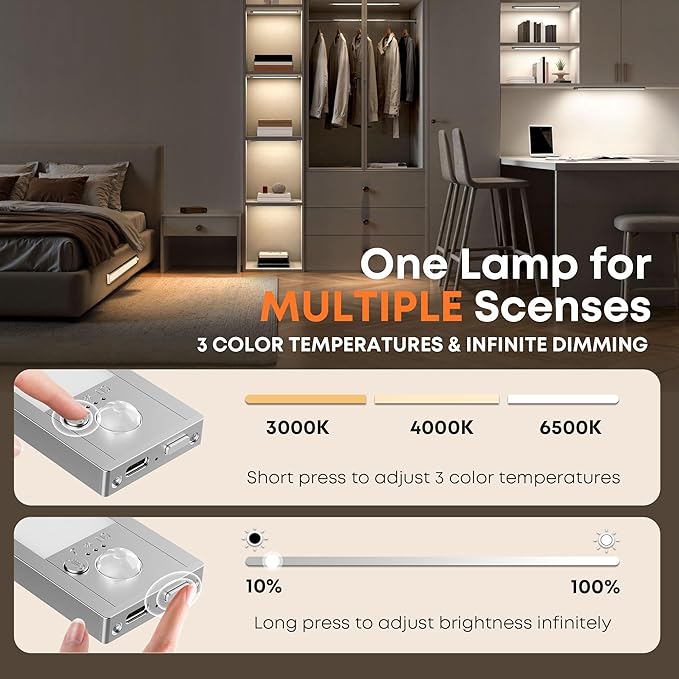 Under Cabinet Lights Wireless, 2 Pack 15.7 inch 1500mAh 3000K 4000K 6500K 3 Color Temps Dimmable Motion Sensor Light Indoor, Rechargeable LED Under Counter Lights for Kitchen, Stairs, Closet
