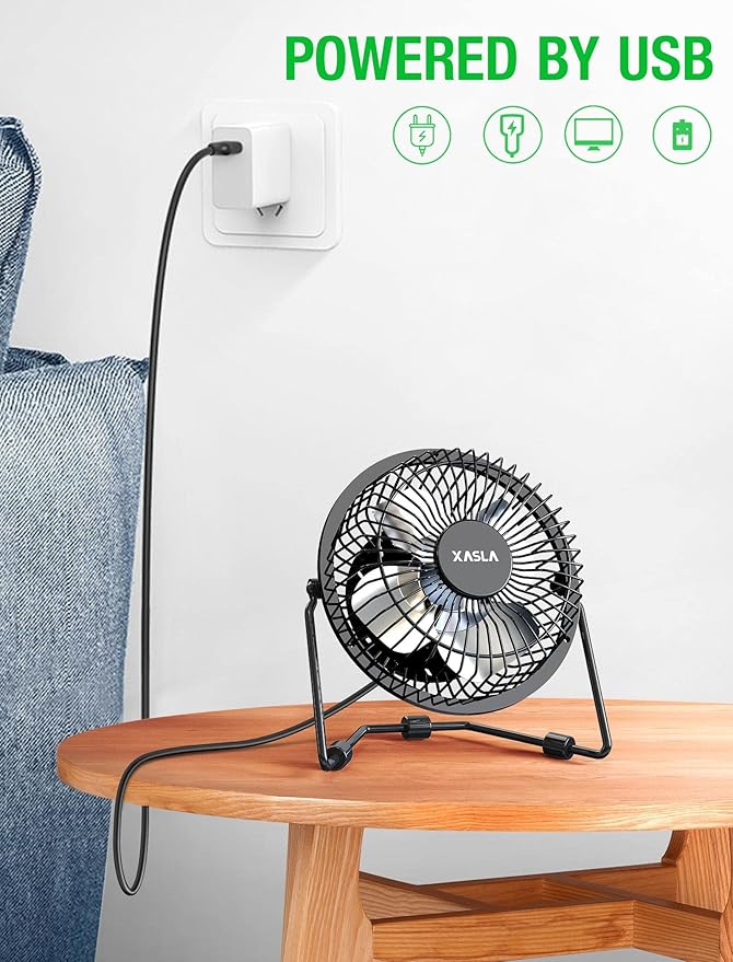 xasla 4 Inch Small USB Desk Fan, Mini Quiet Fan with Metal Construction & Strong Airflow & 360°Adjustable Tilt Angle, Personal Cooling Fan for Desktop Office (Black)