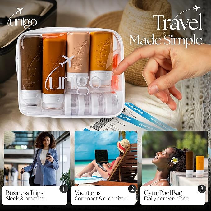 unigo Silicone Travel Bottles Set for Toiletries, Airplane Approved TSA Carry On Size, BPA Free Leakproof Refillable Squeeze Containers with Labels, Cleaning Brush and Covers (Apricot)