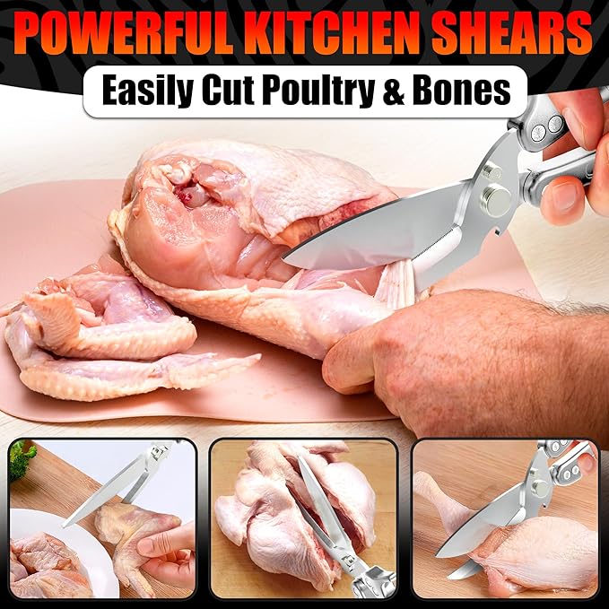 4-in-1 Multifunctional Heavy Duty Kitchen Shears – Spring-Loaded Sharp Seafood, Fish, Turkey & Chicken Kitchen Utility Scissors | Non-Slip Handle, Safety Lock & Micro-Serrated Blades for Bones(Silver)
